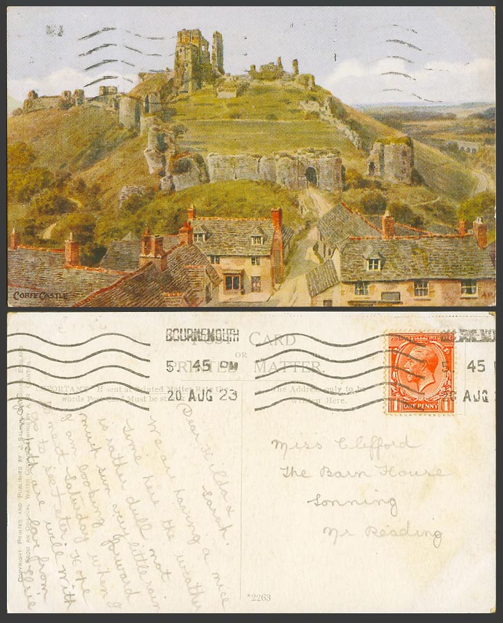 A.R. Quinton Artist Signed 1923 Old Postcard CORFE CASTLE, Dorset, Cottages 2263