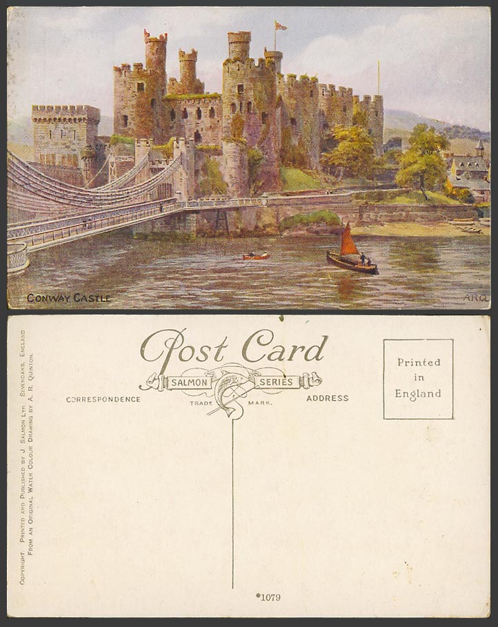 A.R. Quinton Artist Signed Old Postcard CONWAY CASTLE, Bridge, Boats A.R.Q. 1079