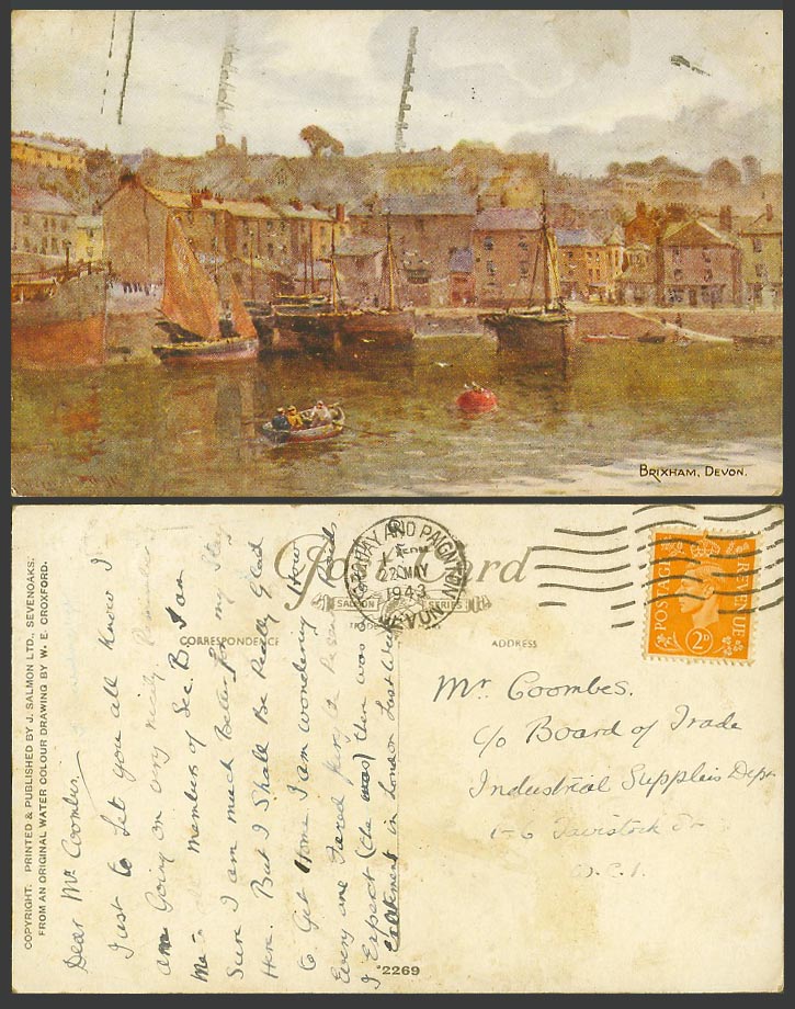 A.R. Quinton Old Postcard Brixham Harbour Ships Boating Boats Devon A.R.Q. 2269