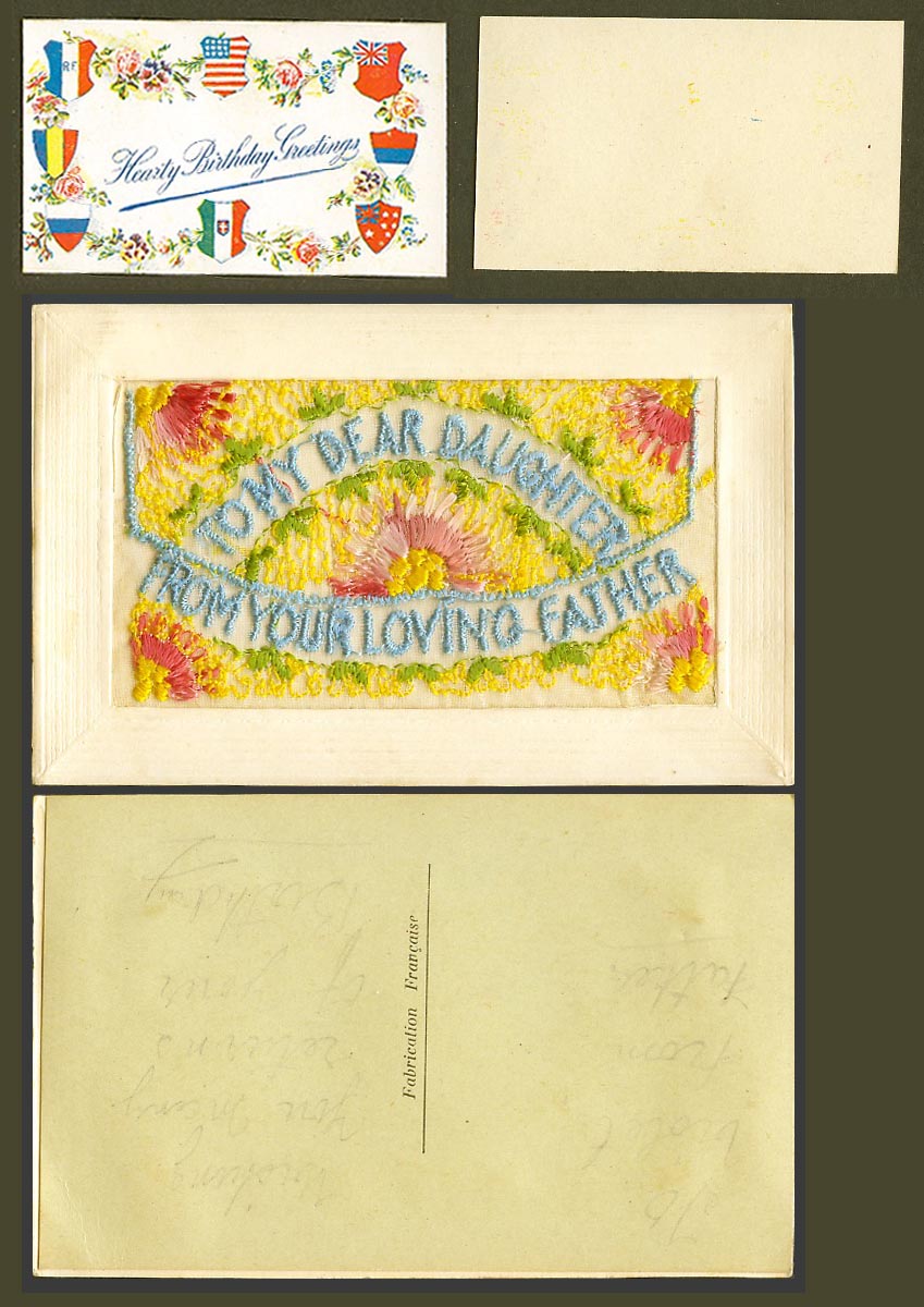 WW1 SILK Embroidered Old Postcard To My Dear Daughter - from Your Loving Father