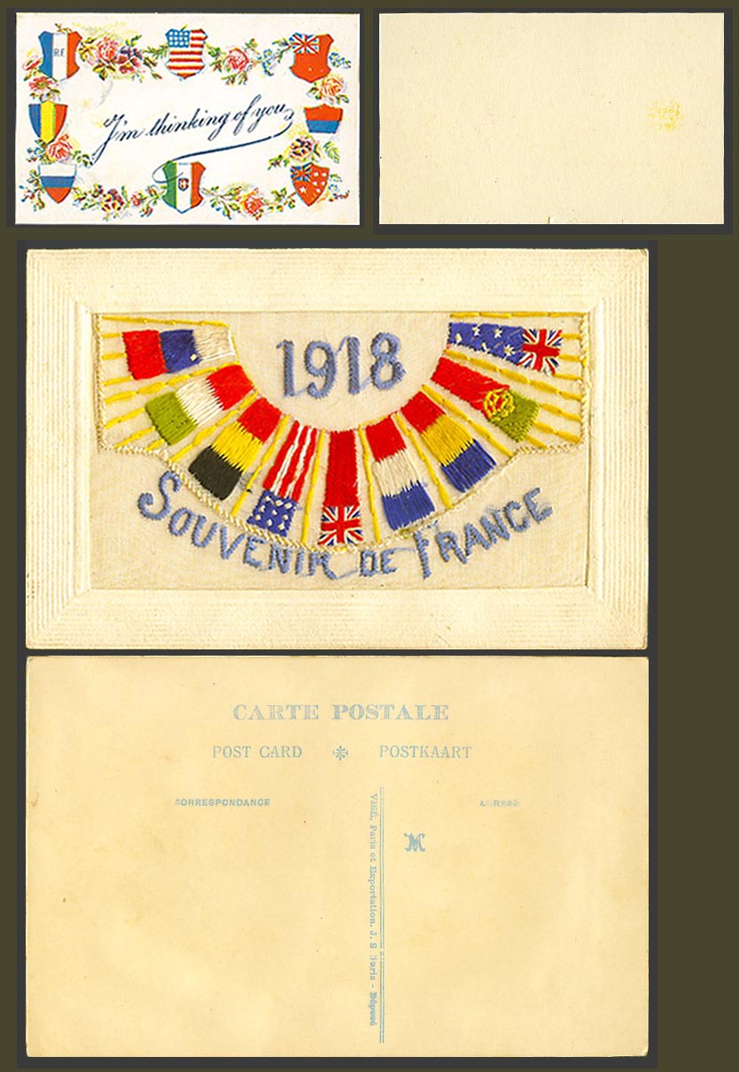 WW1 SILK Embroidered 1918 Old Postcard Souvenir de France Thinking of You Wallet