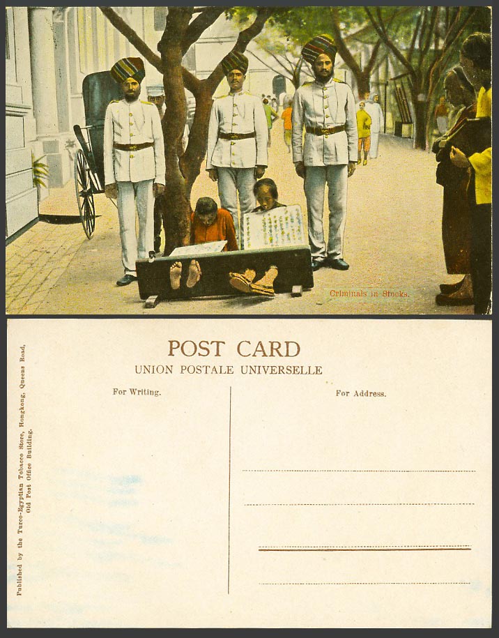 Hong Kong China Old Postcard Chinese Criminals in Stocks Indian Police Policeman