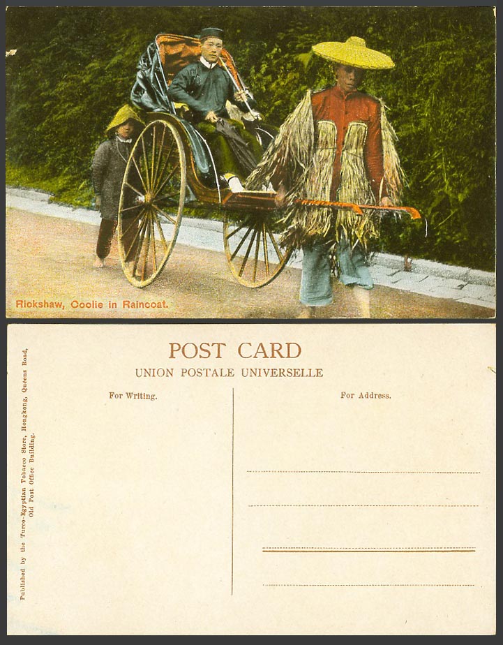 Hong Kong China Old Postcard Rickshaw Chinese Coolie Bamboo Raincoat & Hat Child