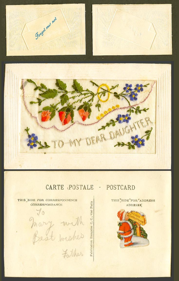 WW1 SILK Embroidered Old Postcard To My Dear Daughter, Forget Me Not in Wallet