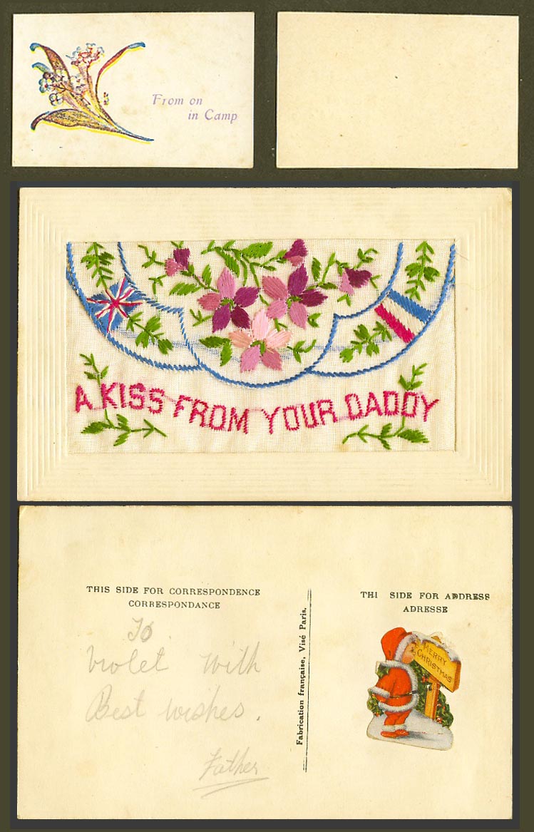 WW1 SILK Embroidered Old Postcard A Kiss from Your Daddy From on in Camp, Wallet