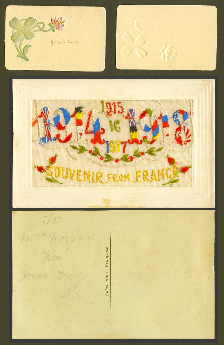 WW1 SILK Embroidered Old Postcard Souvenir from France, 1914 to 1918 Your's Ever