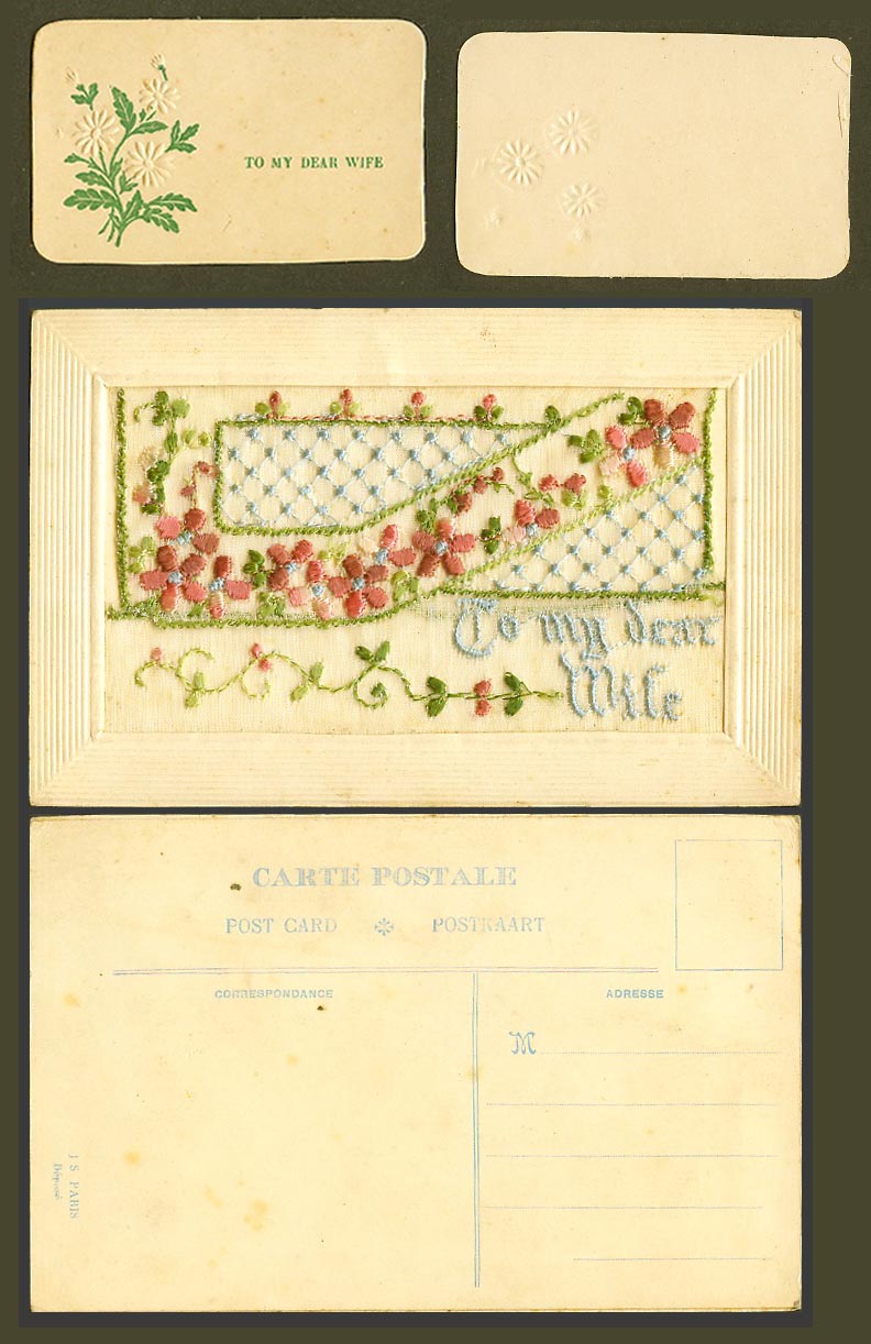 WW1 SILK Embroidered Old Postcard To My Dear Wife Card in Wallet Flowers Novelty