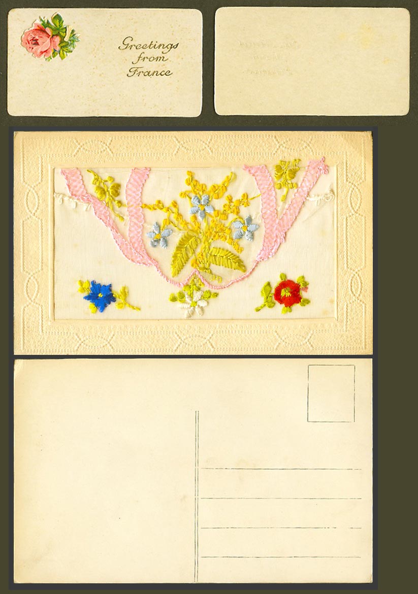 WW1 SILK Embroidered Old Postcard Flowers, Greetings from France Card in Wallet