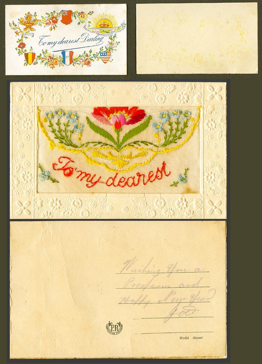 WW1 SILK Embroidered Old Postcard To My Dearest Darling, Flowers, Card in Wallet