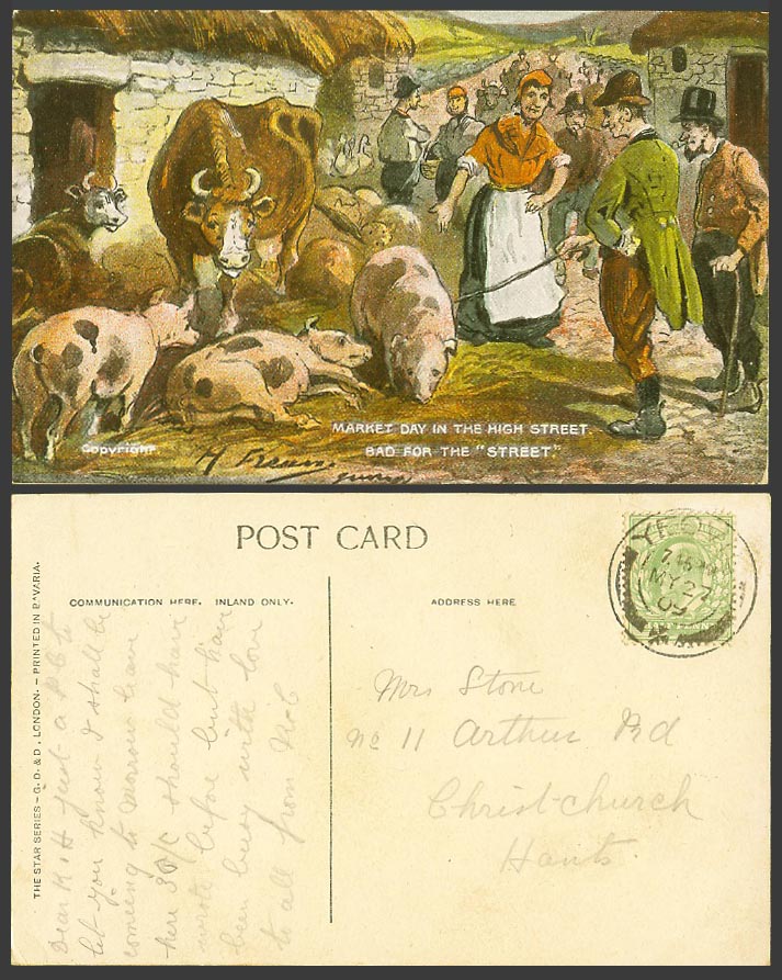 Pig Piglet Cattle Cow, Market Day in High Street Artist Signed 1909 Old Postcard