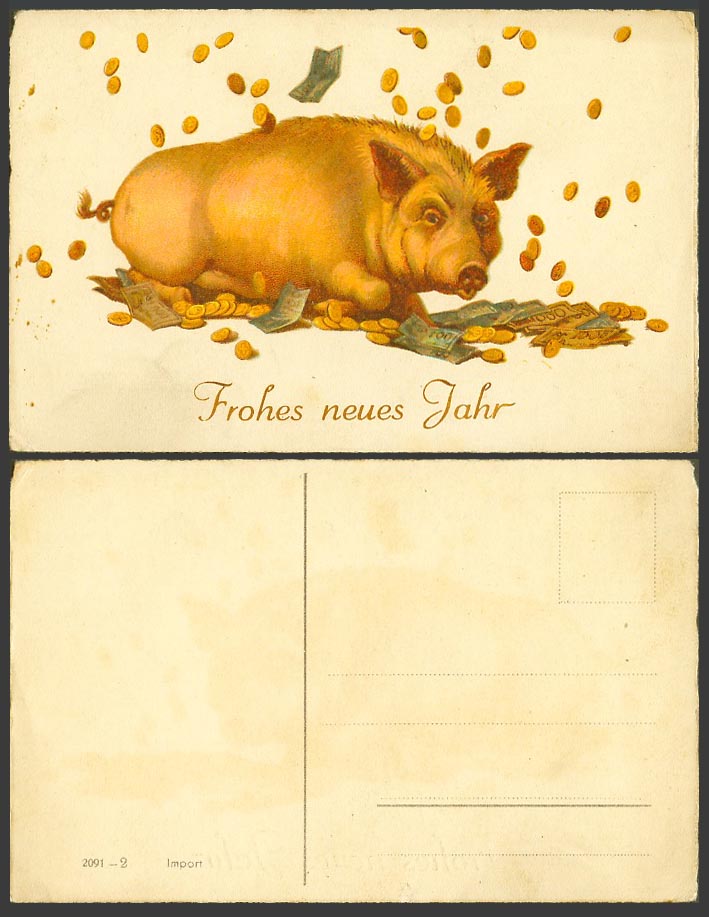 PIG Pigley Gold Coins Paper Money Banknotes Happy New Year Greeting Old Postcard