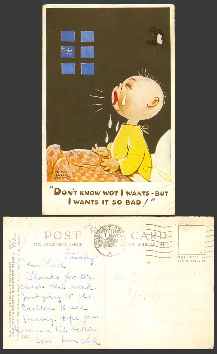 MABEL LUCIE ATTWELL 1951 Old Postcard Don't Know Wot I Want Wants It So Bad 1441