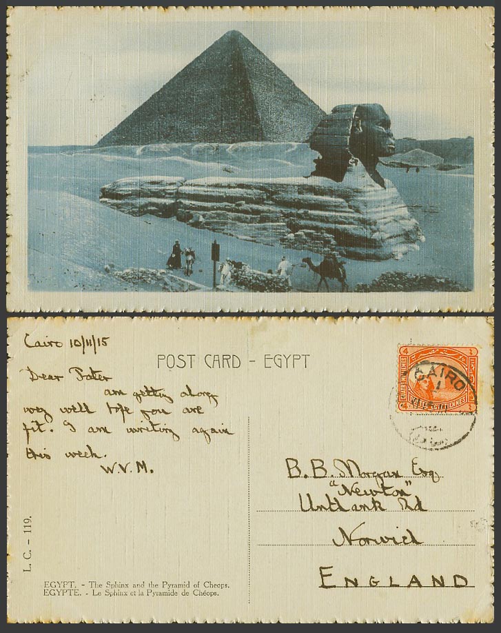 Egypt 4m 1915 Old Postcard Cairo Sphinx Pyramid of Cheops Pyramide, Camel Donkey