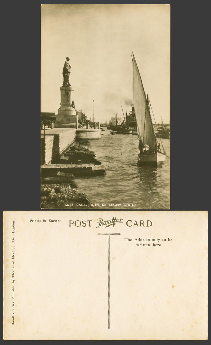 Egypt Old Photo Postcard Port Said Suez Canal and de Lesseps Statue Sailing Boat