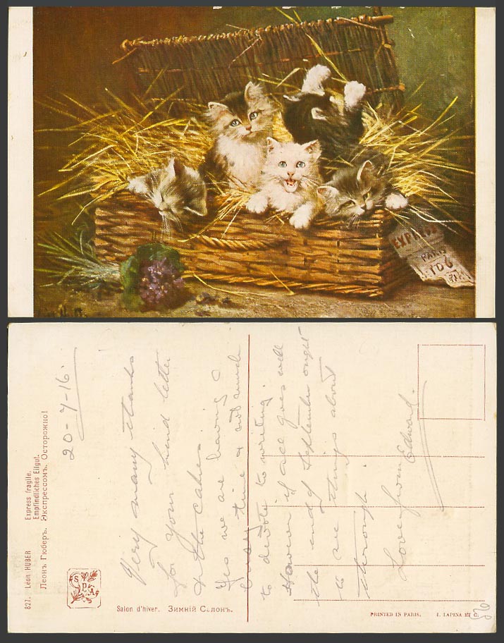 Cats Kittens Paris Express Basket, Express fragile, Leon Huber 1916 Old Postcard