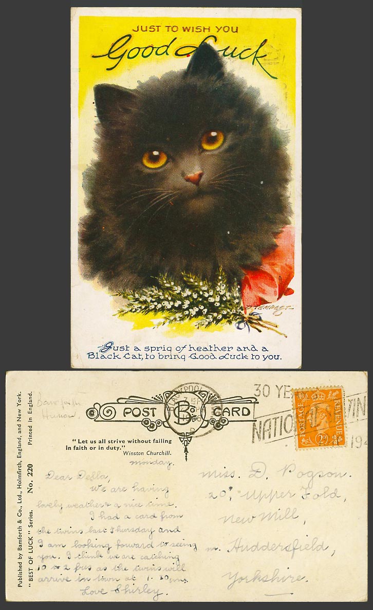 D. Tempest 1946 Old Postcard Black Cat Kitten Just to Wish You Good Luck Heather