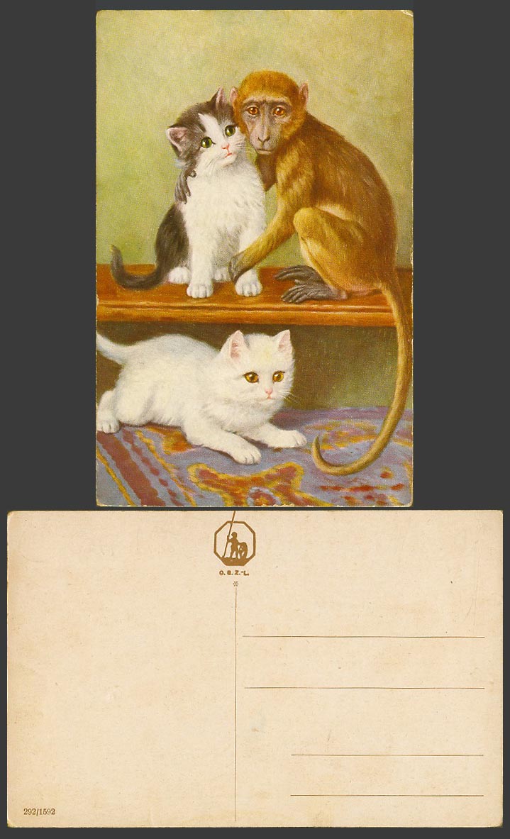 Beautiful Cats Kittens and Monkey, Pets Animals Artist Drawn Old Colour Postcard