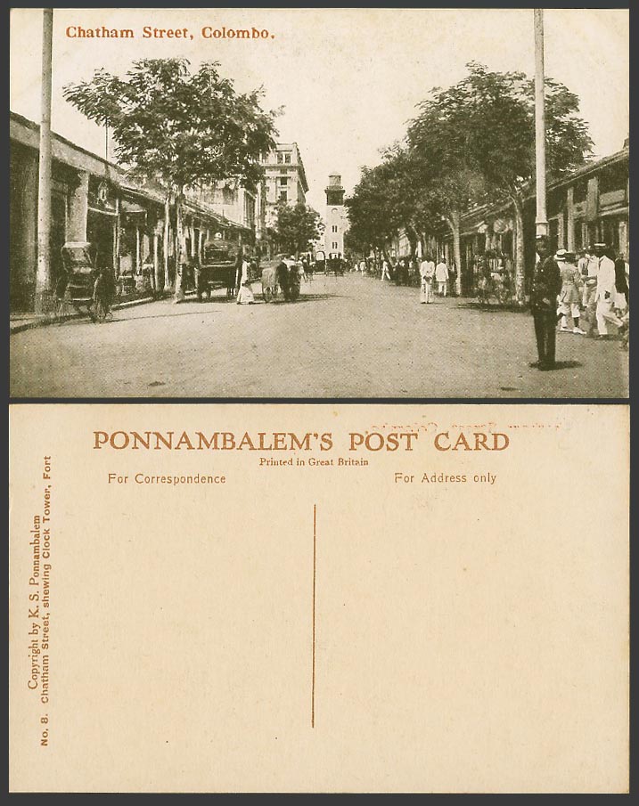 Ceylon Old Postcard Chatham Street Scene Colombo Lighthouse Police Rickshaw Cart