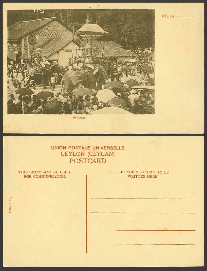 Ceylon Old Postcard KANDY PERAHARA, Decorated Elephants Procession, Street Scene