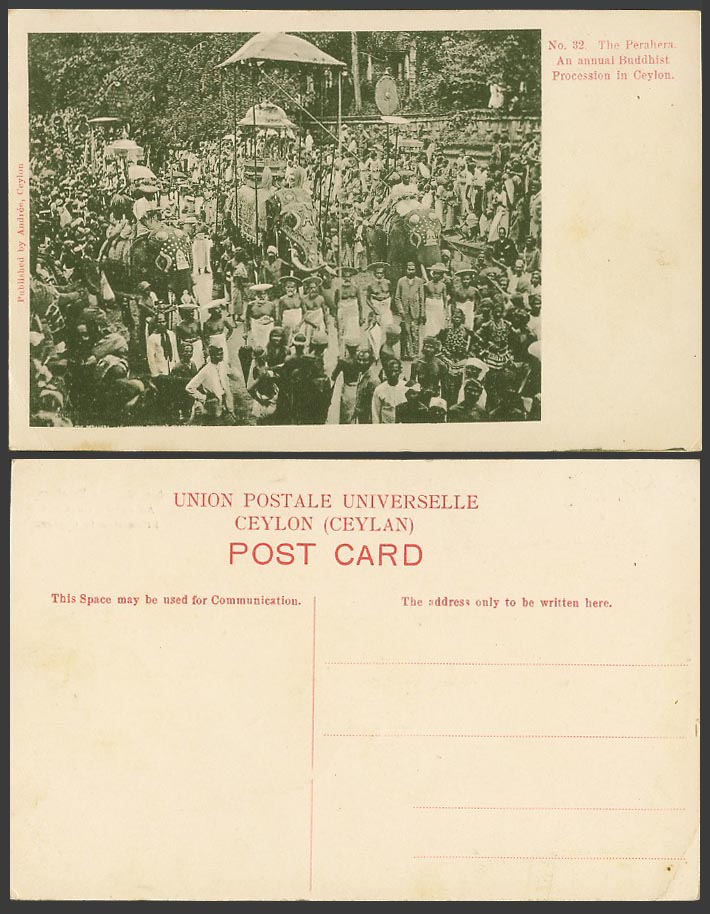 Ceylon Old Postcard Perahera Annual Buddhist Procession Kandy ELEPHANTS, Natives
