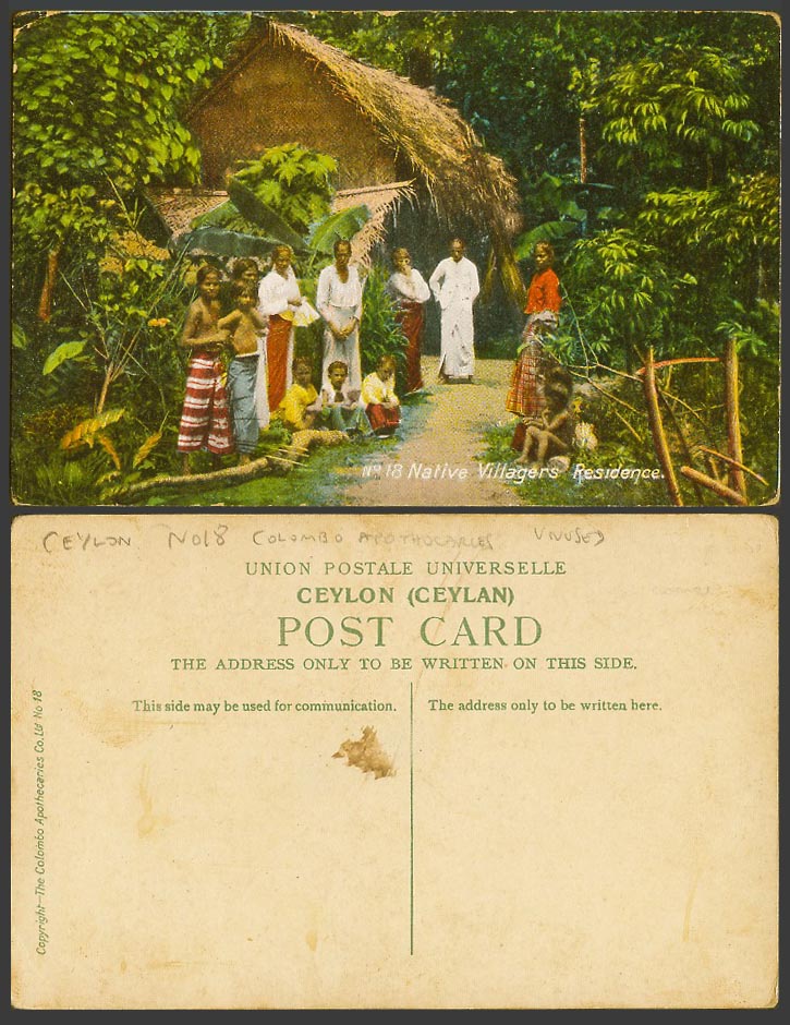 Ceylon Old Colour Postcard Native Villagers House Hut Children Men and Women 18.