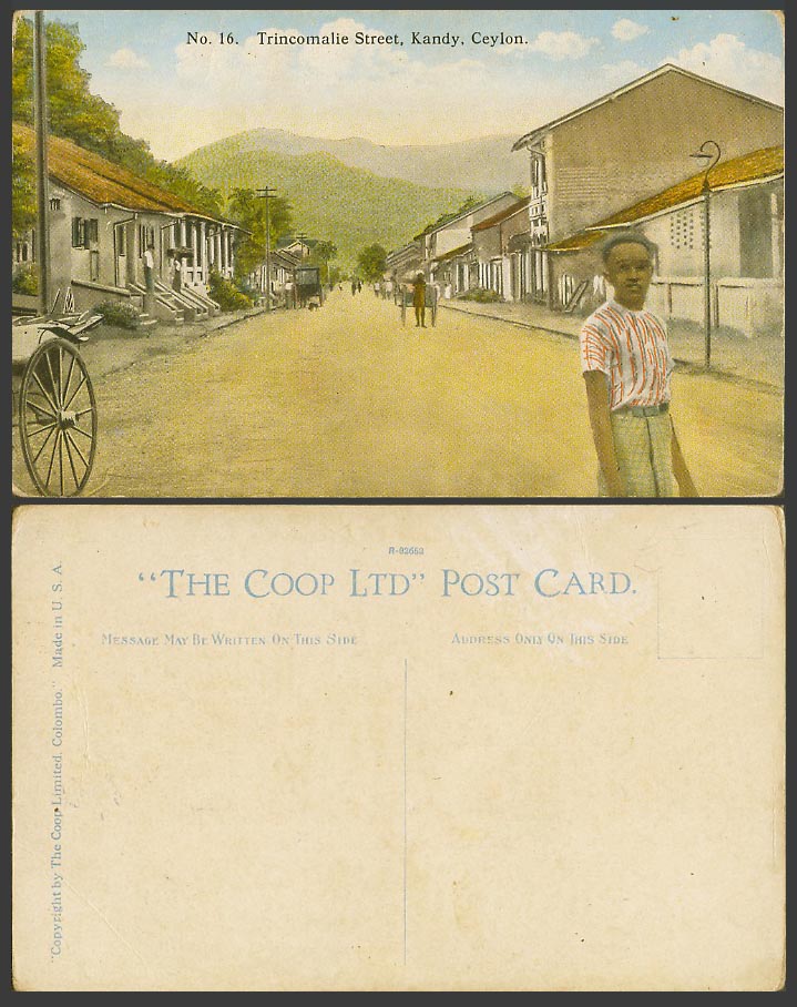 Ceylon Old Colour Postcard Trincomalie Street Scene Kandy Rickshaw Cart No. 16