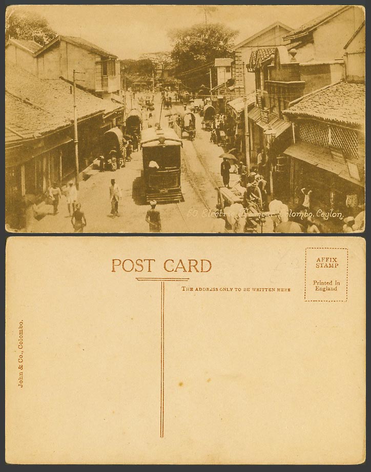 Ceylon Old Postcard Electric Tramcar TRAM Colombo, Street Scene Bullock Carts 50