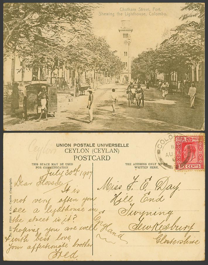 Ceylon KE7 6c 1907 Old Postcard Chatham Street Fort Lighthouse, Colombo Rickshaw