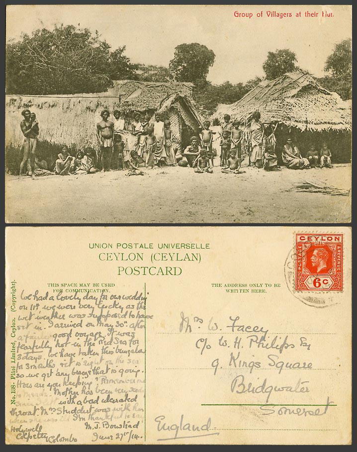Ceylon KG5 6c 1914 Old Postcard Group of Native Villagers at Their Hut House 138