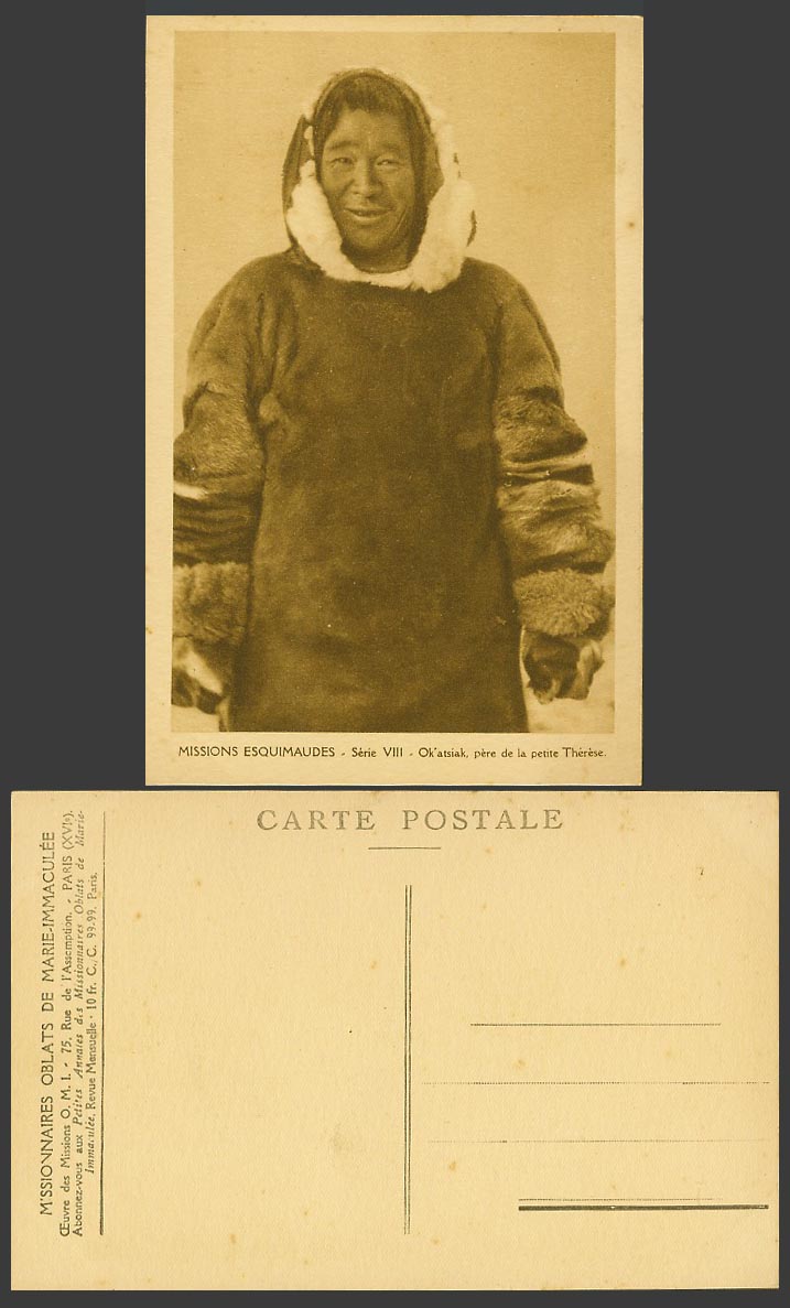 Eskimo Man wearing Fur Coat Old Postcard Ok'atsiak, pere de la petite Therese