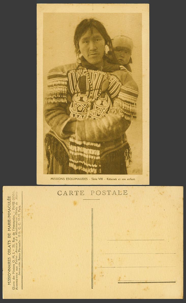 Eskimo Man & His Child Old Postcard Kiklersek et son enfant Missions Esquimaudes