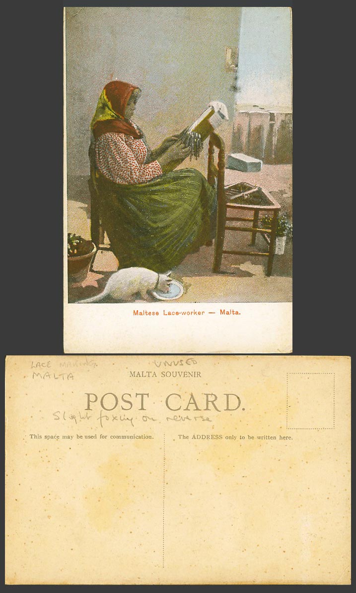 Malta Old Postcard Maltese Lace Worker Woman Lady Lacemaking Cat Kitten Drinking
