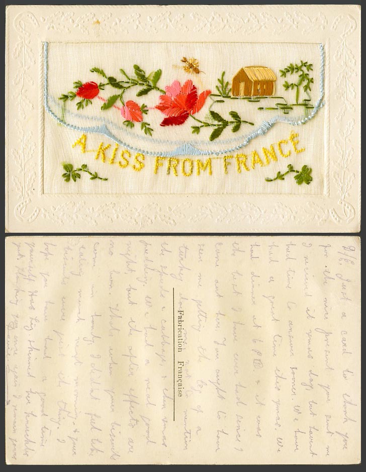 WW1 SILK Embroidered Old Postcard A Kiss from France Insect Cottage House Wallet