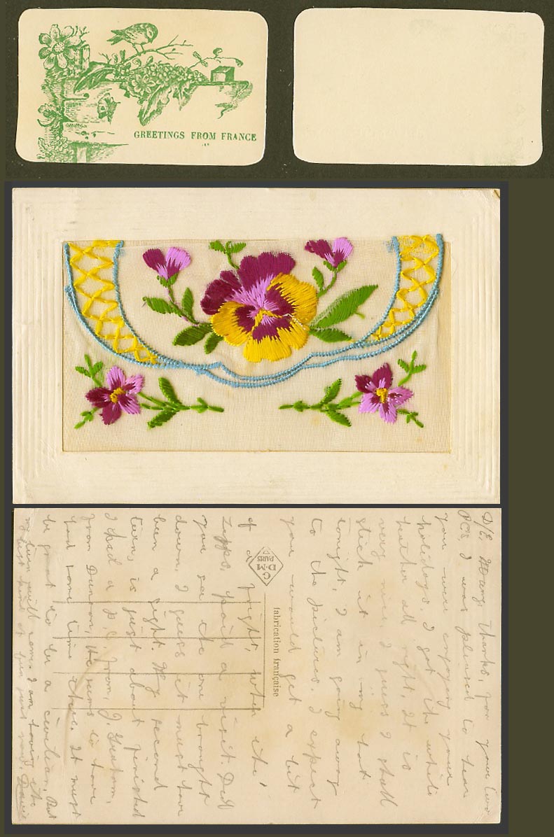 WW1 SILK Embroidered Old Postcard Pansy Flower Greetings from France Bird Wallet