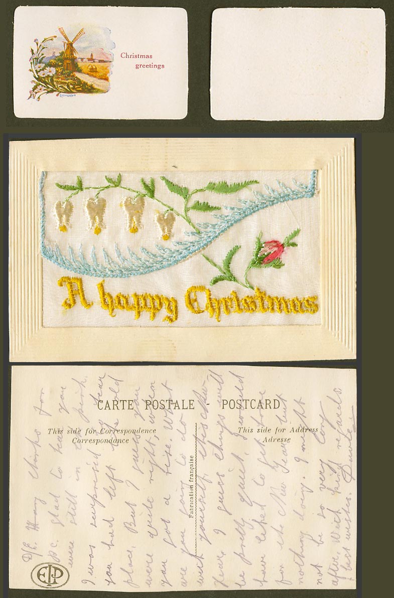 WW1 SILK Embroidered Old Postcard A Happy Christmas Greetings Windmill in Wallet