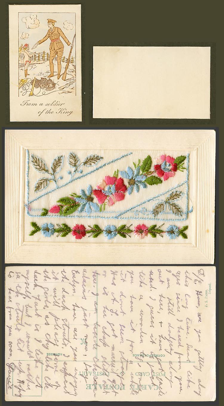 WW1 SILK Embroidered Old Postcard Flowers - From a Soldier of The King in Wallet