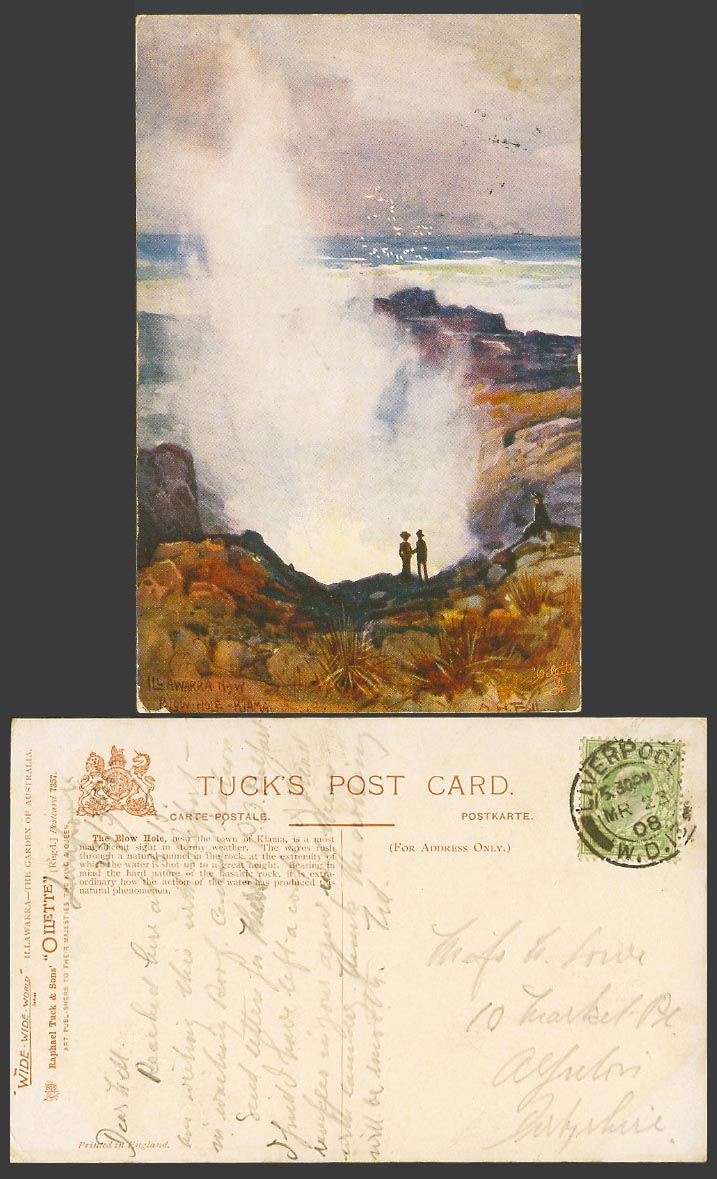 Australia 1908 Old Tuck's Oilette Postcard The Blow Hole, near Kiama Town, Storm