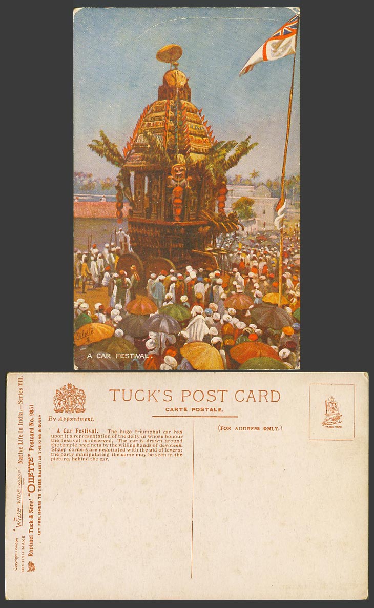 India Old Tuck's Oilette Postcard A Car Festival Deity Temple Devotees Triumphal