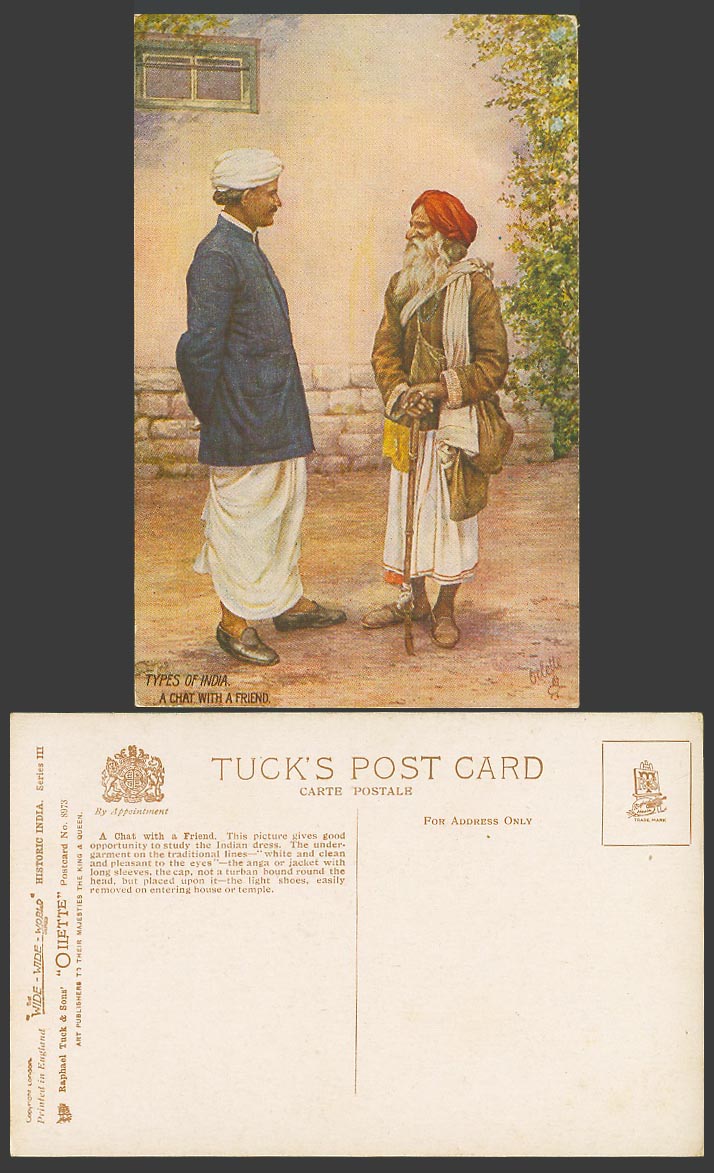 India Old Tuck's Oilette Postcard A Chat with a Friend, Anga Cap Jacket Costumes