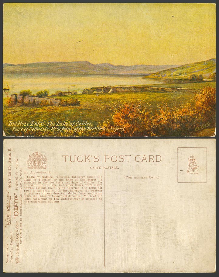 Palestine Old Tuck's Oilette Postcard Lake of Galilee, Mountains of Beatitudes