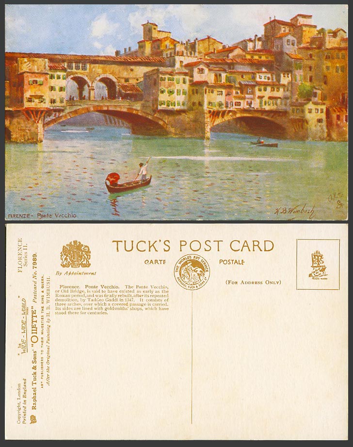 Italy Vintage Tuck's Postcard Florence Ponte Vecchio Old Bridge Boats HB Wimbush