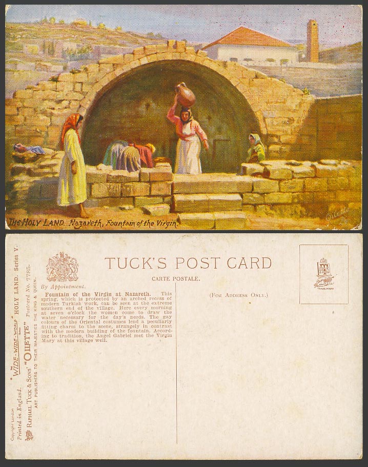 Palestine Old Tuck's Oilette Postcard Holy Land Nazareth, Fountain of The Virgin