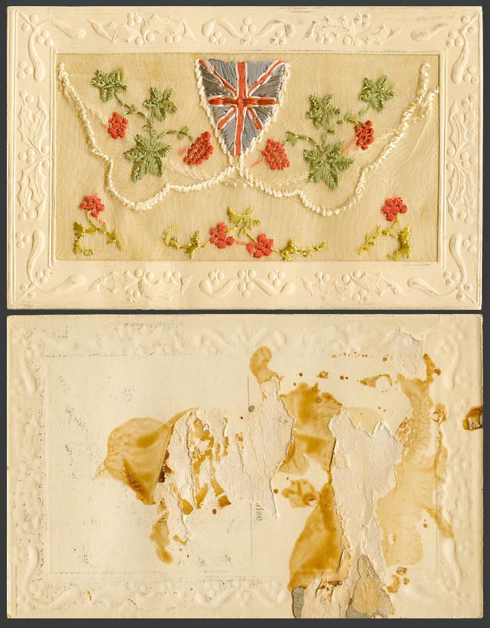 WW1 SILK Embroidered Old Postcard Flowers British Flag Arms Empty Wallet Novelty