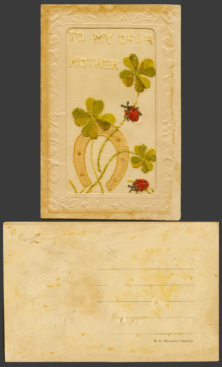 WW1 SILK Embroidered Old Postcard To My Dear Mother Ladybugs Ladybirds Horseshoe