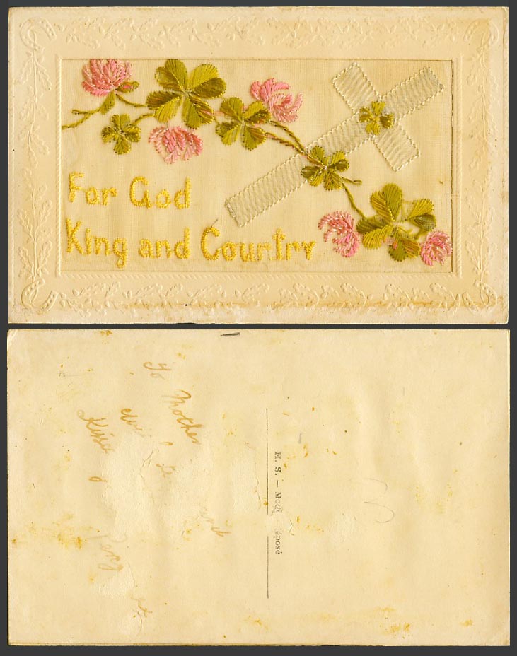 WW1 SILK Embroidered Old Postcard For God King and Country Cross Flowers Novelty