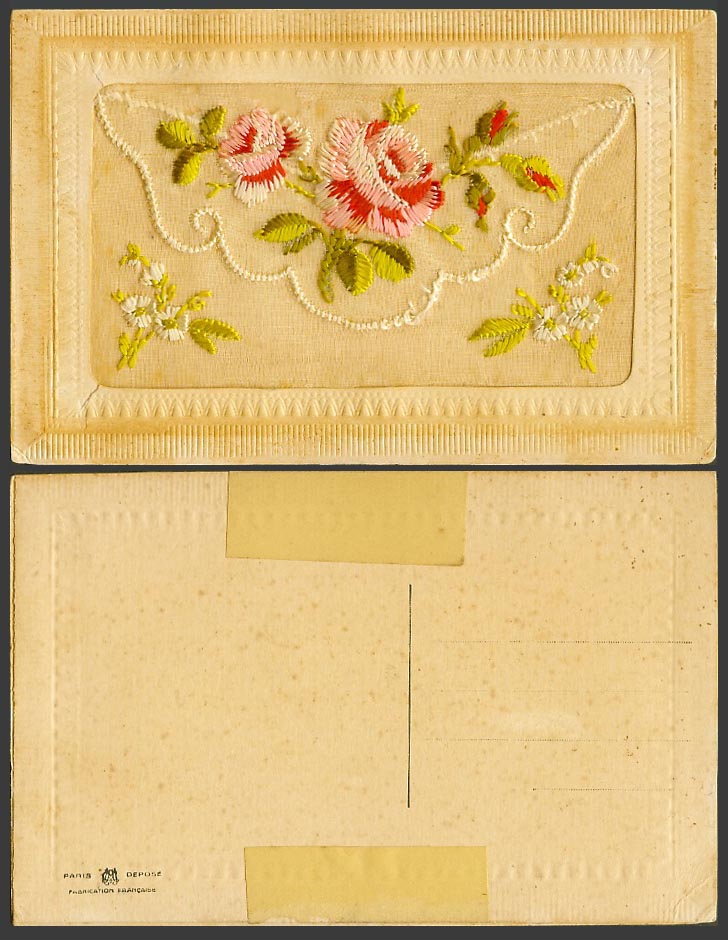 WW1 SILK Embroidered French Old Postcard Roses Rose Flowers Empty Wallet