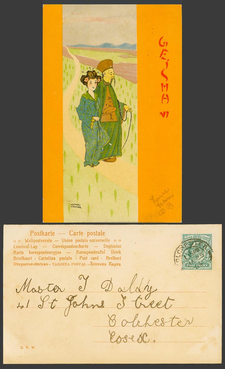 Raphael Kirchner Artist Signed 1904 Old Postcard Geisha Girl Lady Woman Chinaman