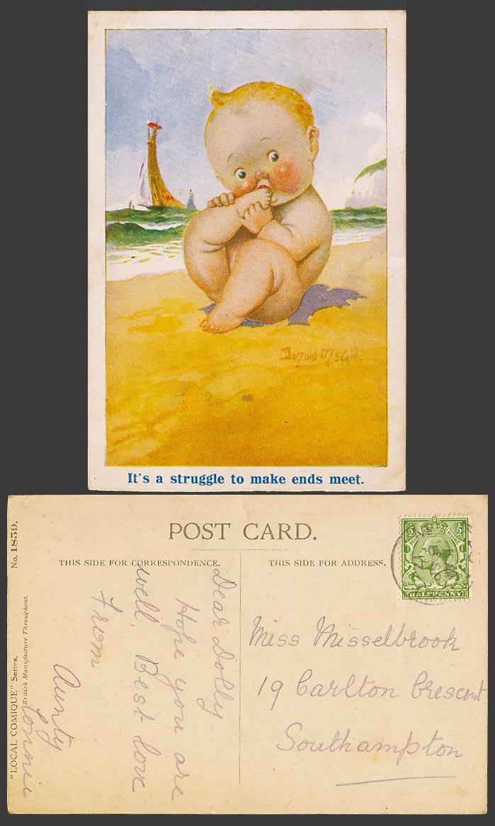 Donald McGill 1917 Old Postcard Struggle to Make Ends Meet, Baby Eating Toe 1859