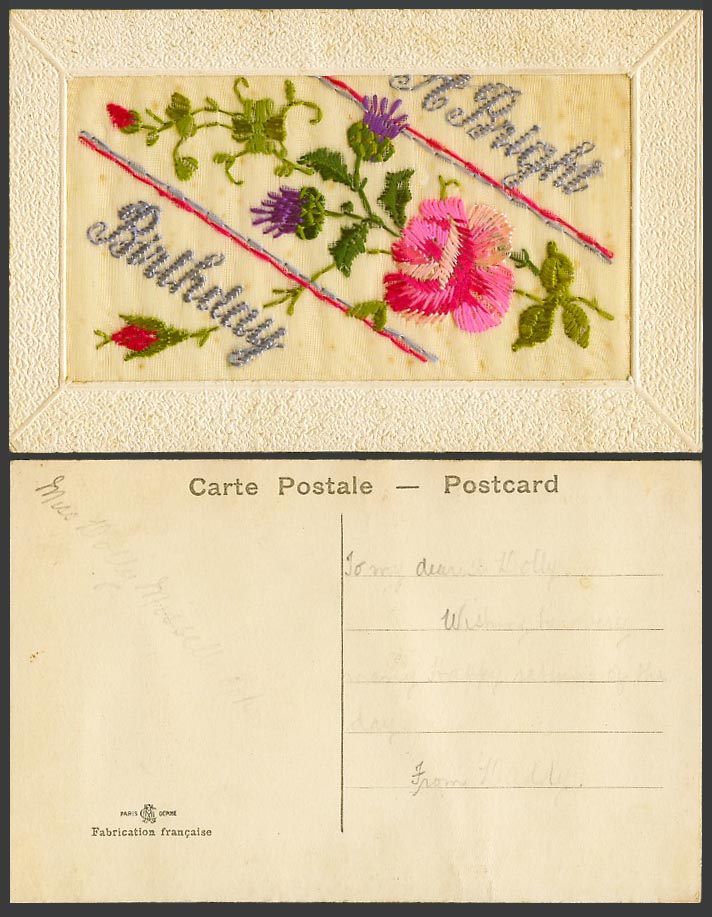 WW1 SILK Embroidered Old Postcard A Bright Birthday Thistle Pink Flowers Novelty