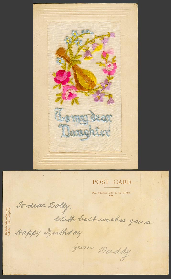 WW1 SILK Embroidered Old Postcard Mandolin Flowers, To My Dear Daughter, Novelty